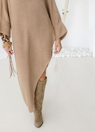 Демісезонна стильна в'язана сукня-светр, об'ємна асиметрична повсякденна довга сукня-светр, ефектна жіноча в'язана сукня7 фото