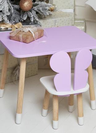 Фиолетовый прямоугольный столик и стульчик детский бабочка с белым сиденьем. фиолетовый детский столик