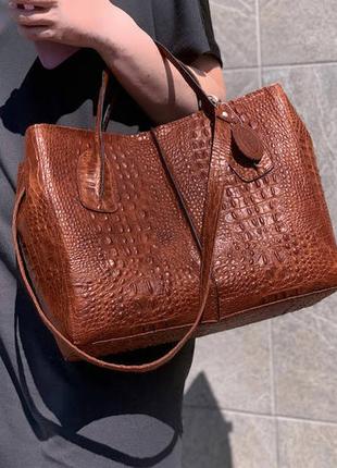 Ексклюзивна шкіряна сумка форта, натуральна шкіра рижа з тисненням під крокодила