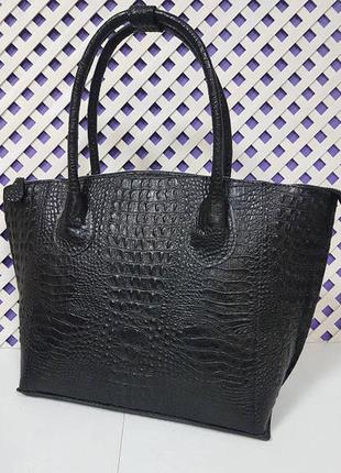 Сумка женская натуральная кожа, черная с тиснением под крокодила