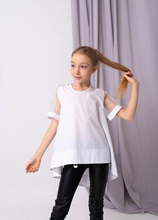 Детская белая туника для девочки модная блузка с коротким рукавом стильная подростковая
