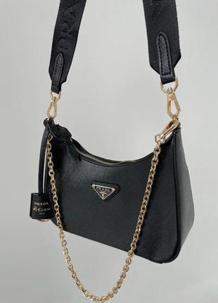 Модная женская сумка prada re-edition 2005 black saffiano leather bag кросс боди прада