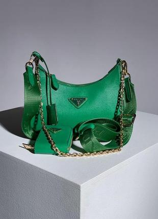 Модная женская сумка prada re-edition 2005 green saffiano leather bag кросс боди прада