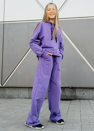 Бузковий костюм підлітковий, сиреневый костюм фиолетовый, стильний костюм штани кльош, стильный костюм штаны клеш