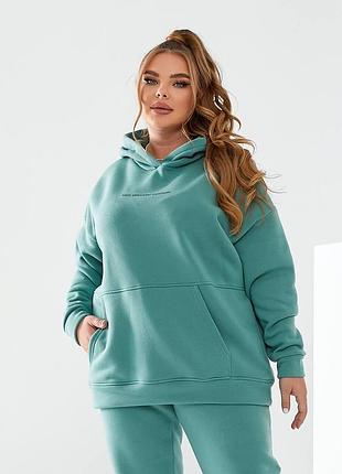 Костюм большой размер худи с капюшоном карманы кегуру рукав низ манжет штаны на резинке карманы удобная посадка ткань х/ б стрейч на флисе