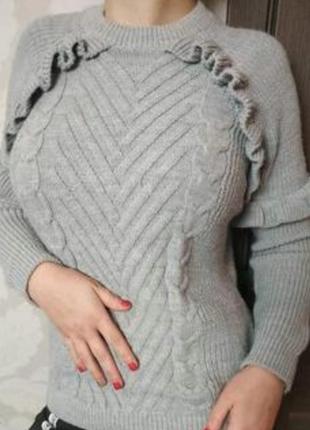 Серый свитер вязаный джемпер кофта с воланами рюшами вязка косы размер 38 - 403 фото