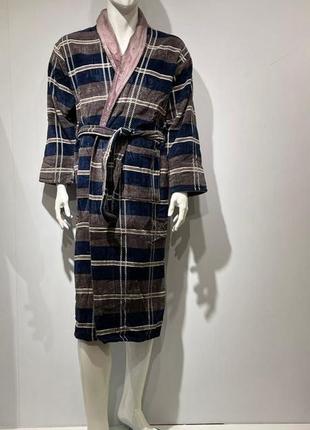 Халат romeo life  клітинка коричневий з синім  домашній бавовна, махра 9503