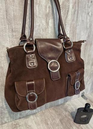 Замшева жіноча сумка коричневого кольору1 фото