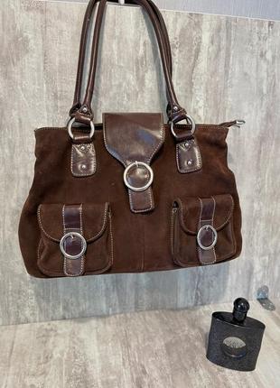 Замшева жіноча сумка коричневого кольору2 фото