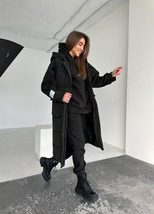 Шикарная стильная длинная стеганая жилетка с капюшоном черная бежевая теплая батал свободная оверсайз безрукавка пальто курточка жилет пуховик парка5 фото