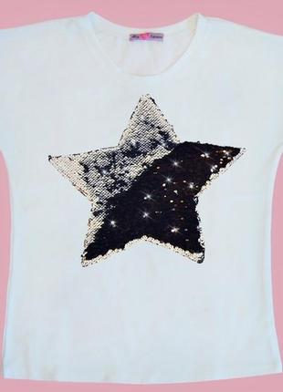 Футболка белая принт звезда из серебряной двухсторонней пайетки на девочку рост 122-176