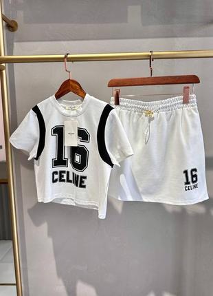 Костюм спортивный в стиле celine белый топ юбка3 фото