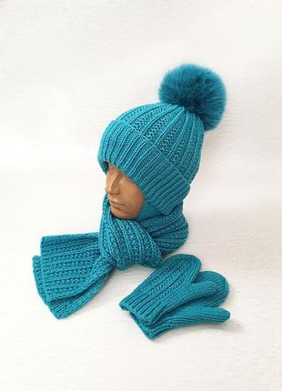 Зимний комплект: шапка, шарф, перчатки из мериносовой шерсти1 фото