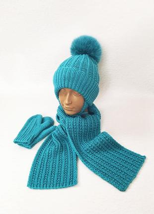 Зимний комплект: шапка, шарф, перчатки из мериносовой шерсти2 фото