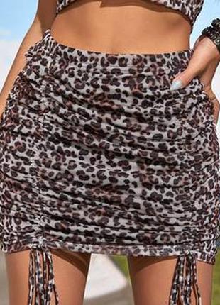 Леопардовая юбка мини с затяжками/со сборкой/с драпировкой6 фото