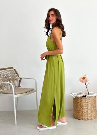 Платье макси сарафан оливка длинное с поясом легкое7 фото