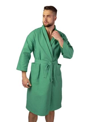 Вафельный халат luxyart кимоно размер (54-56) xl 100% хлопок зеленый (ls-0619)1 фото