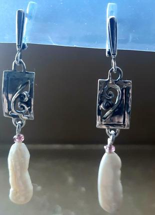 Ексклюзивні срібні 925 дизайнерські філіграні сережки з перлами біва та намистинами  турмаліну7 фото