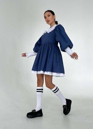 Кукольное платье беби долл милое короткое с воротником пышными рукавами фонариками двойной юбкой чёрное хаки бежевое лаванда бордовое синее хлопок1 фото