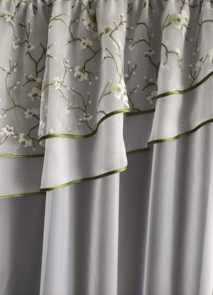 Тюль на вікно сакура білий шифон з подвійним ламбрикеном 290*170 см білий з зеленим