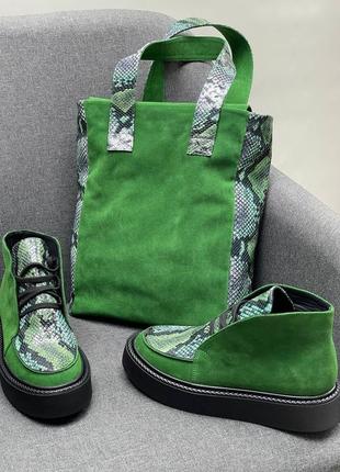 Зеленые замшевые ботинки высокие лоферы много цветов5 фото