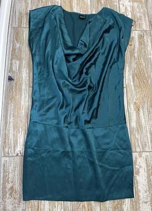 Стильна смарагдова коктейльна бірюзова атласна туніка сукня плаття -балахон m9 фото