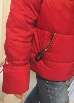 Теплая красивая куртка пуховик пуффер анорак капюшон с кожаными деталями zara6 фото