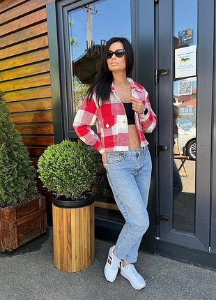 Рубашка жакет в клетку кашемировая рубашка в клетку укороченная рубашка #тепластика с карманами