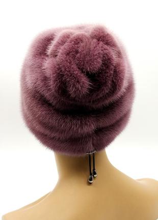 Жіноча хутрова норкова шапка "троянда" фіолетова.4 фото
