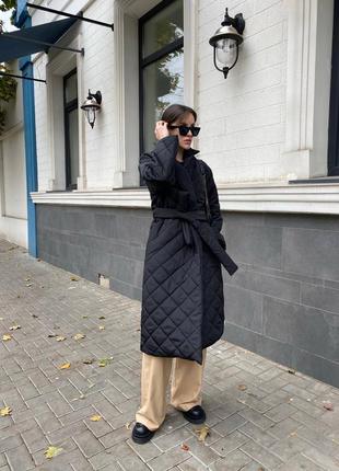 Стеганое осеннее пальто на силиконе 200, женское длинное пальто демисезон на осень3 фото