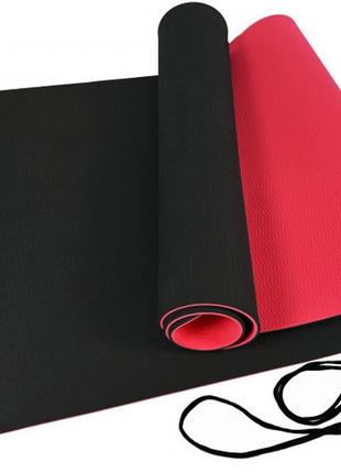 Килимок для йоги та фітнесу easyfit tpe+tc 6 мм двошаровий чорний-червоний