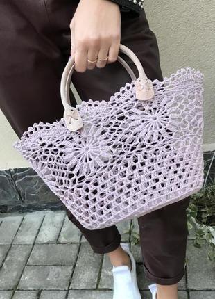 Вязаная,ажурная сумка,корзина,ручки кожа,ручной работы