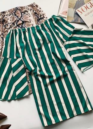 👗элегантное зелёное платье открытые плечи/платье в полоску с воланами на руках👗