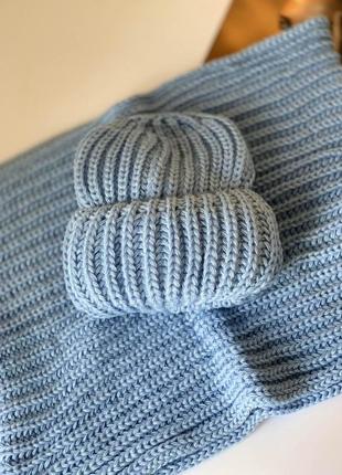 Комплект шарф-хомут в два оборота и шапка голубой1 фото