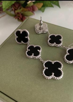 Сережки чорні vancleef ванклиф срібло три квіточки