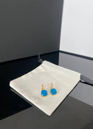 Брендовые серьги помеллато италия на английском замочке, позолота с голубым камнем2 фото