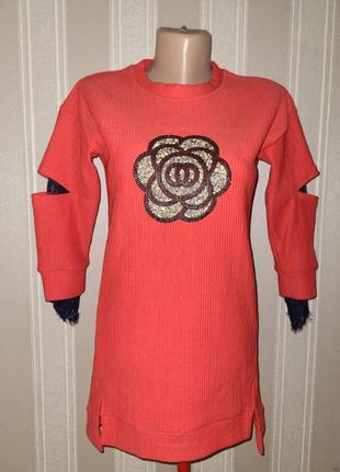 Сукня туника коралового цвета нарядная1 фото