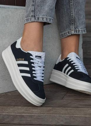 Женские кроссовки адедас газель adidas gazelle black white platform, кроссовки адедас газель женские, кроссовки на толстой подошве7 фото