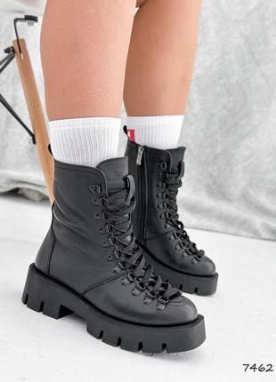 Черные натуральные кожаные демисезонные деми осенние ботинки на шнурках шнуровке толстой подошве кожа осень осенние