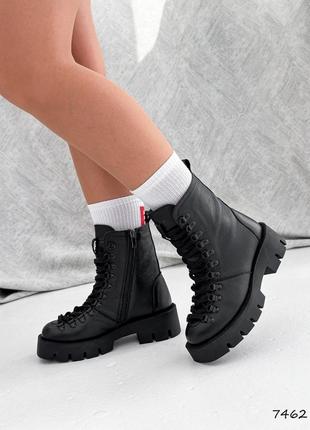 Черные натуральные кожаные демисезонные деми осенние ботинки на шнурках шнуровке толстой подошве кожа осень осенние8 фото