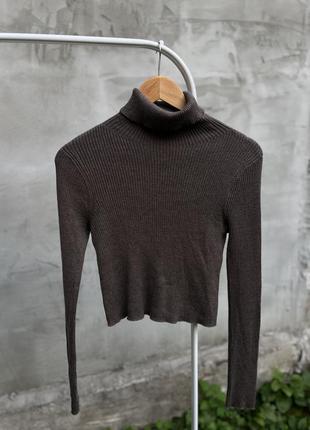 Кофтинка кофта коричневая шоколад укороченный джемпер светер вязаный коричневый в рубчик ютный объемный с воротником горловиной