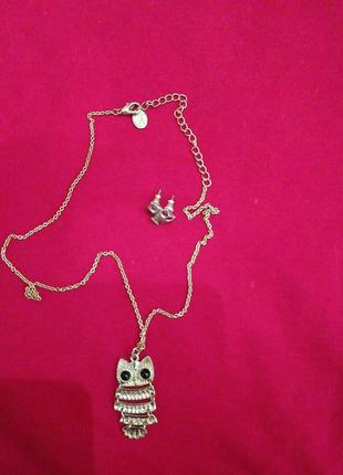 Набір сережки, ланцюжок, кулон сова