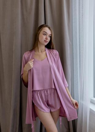 Шовковий піжамний комплект з халатом, піжама і халат з шовку, набір для дому майка, шорти і халат шовк