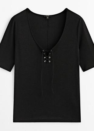 Стильная футболка massimo dutti со шнуровкой s черная3 фото