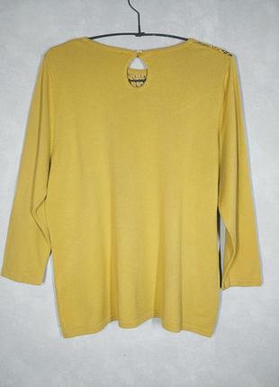 Нарядный натуральный джемпер кофточка свитер с кокеткой из коттонового кружева горчичного цвета 48-50 размера6 фото