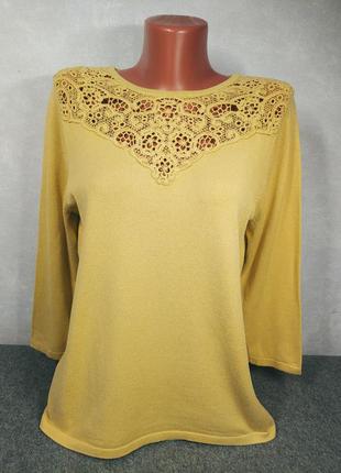 Ошатний натуральний джемпер кофточка светр із кокеткою з коттонового мережива гірчичного кольору 48-50 розміру