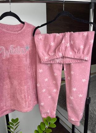 Рожева тепла флісова махрова піжама домашній костюм кофта і штани 42-502 фото
