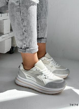 Белые серые бежевые кожаные нубуковые комбинированные кроссовки на толстой подошве