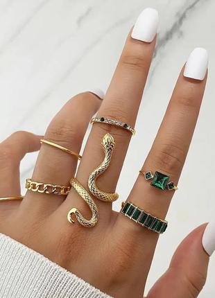 Набор колец 7 шт кольца змея зеленые кристаллы4 фото