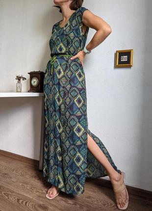 Платье этно бохо вискоза орнамент s m длинное в пол макси прямое синее зеленое хиппи1 фото